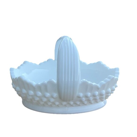 Vtg Fenton Basket Hobnail Milk Glass Oval Double Ribbed Handle Dish Cottagecore - Picture 6 of 7